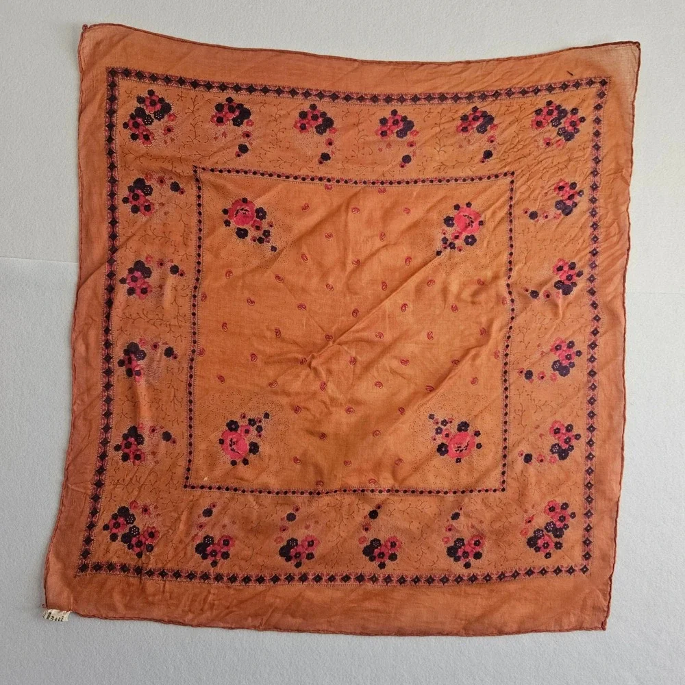 Vintage Floral Paisley Square Scarf Terracotta Orange Pink Purple Made in India‎